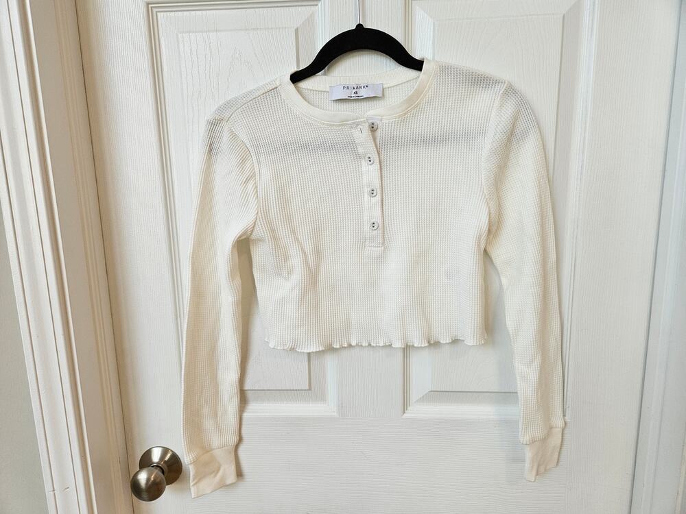 Primark Womens XS Cream Waffle Knit Crop Top Long Sleeve Thermal